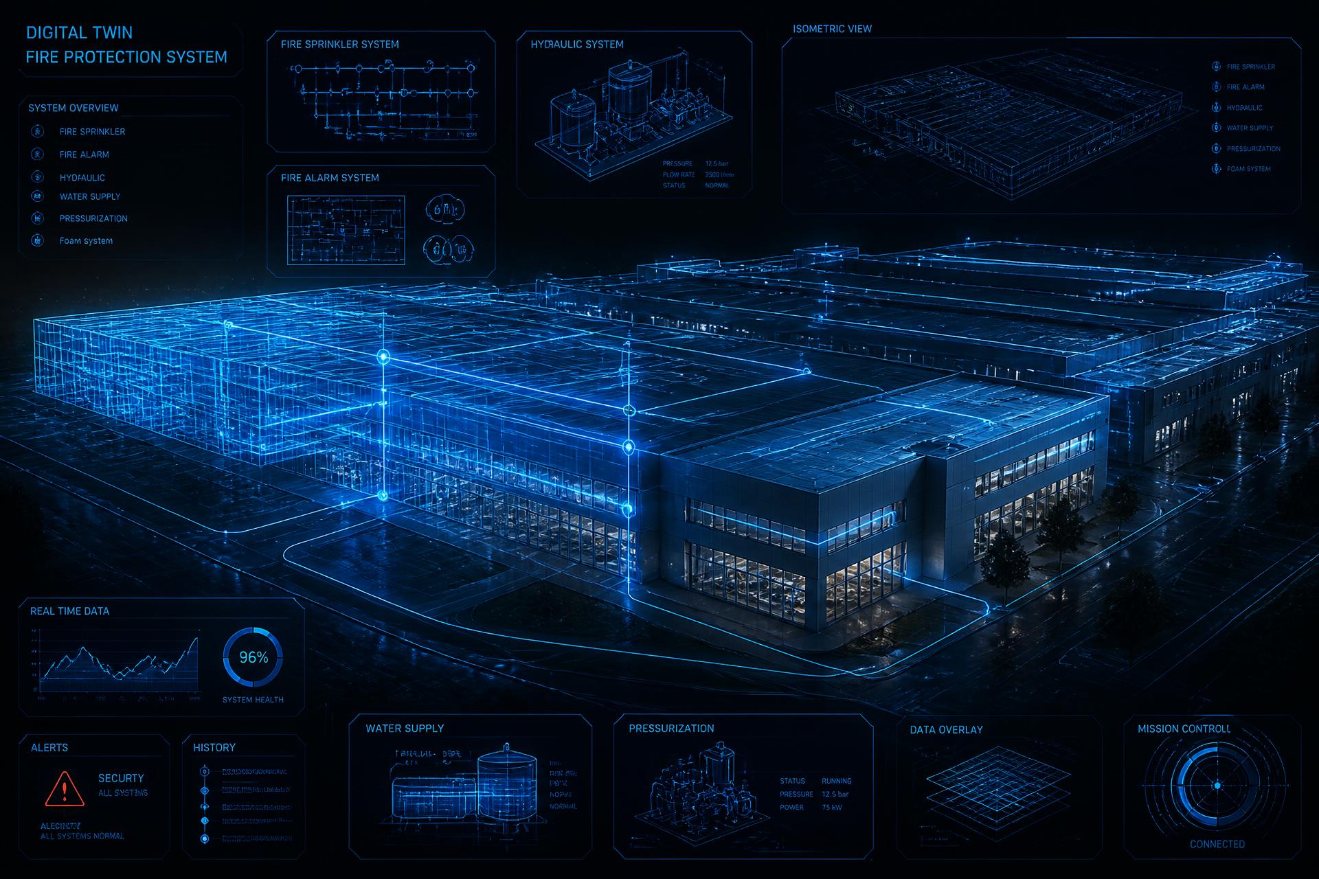 Digital twin of a modern industrial facility protected by illuminated fire protection systems